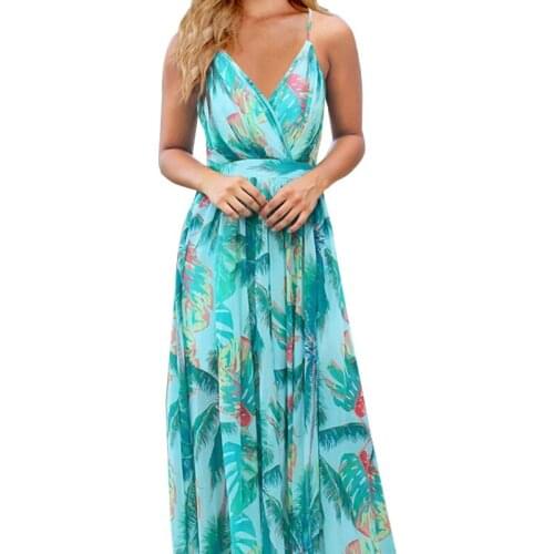 Women Summer Spaghetti Strap Wrap V-Neck Backless Maxi Dress Bohemian Tropical Leaves Floral Print Beach Sling Sundress
