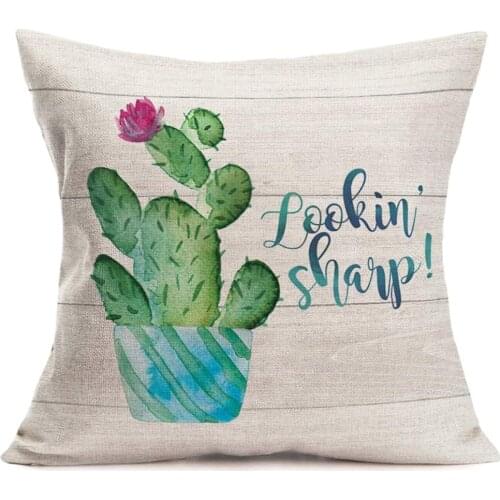 Doitely Looking Sharp Funny Quote Pillow Covers 18x18 Inches Watercolor Green Plant Cactus Potted Rustic Wood Grain Farmhouse