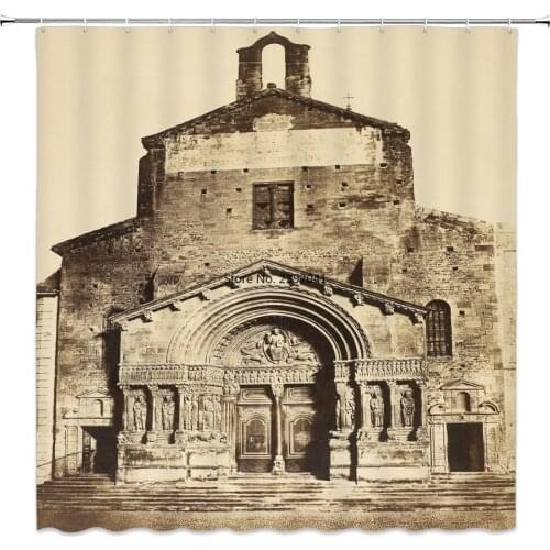 European Moroccan Decor Shower Curtain Vintage Building Design Polyester Fabric Bathroom Shower Curtain Set with Hooks