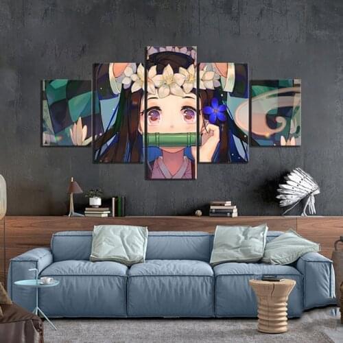 Canvas Wall Art Anime Girl Painting 5 Panels Demon Slayer Kimetsu No Yaiba HD Printed Poster Modular Living Room Home Decorative