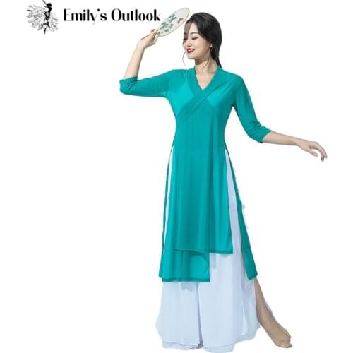 Hot Sell Classical Dance Costume One Piece Flowing Dress Cheongsam Design Light Weight Gauze Irregular Top Performance Blouse