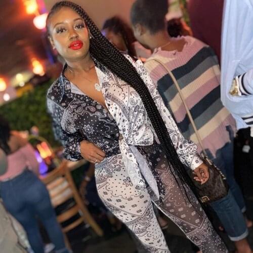 Fashion Ladies Autumn New Printed Casual Shirt Hollow Skinny Mesh Pants 2-Piece Set