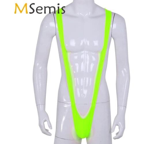 US Stock Mens Erotic One Piece Mankini Lingerie Wet Look Fluoro Micro Thong Bodysuit Sissy Open Butt Catsuit Gay Sexy Nightwear