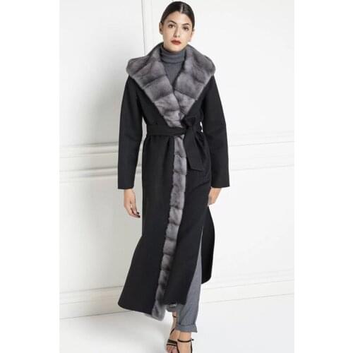 TOPFUR New Real Fur Women Winter Wool Nizi Coat With Mink Fur Black Coat With Hood Lapel Collar Slim Natural Mink Fur