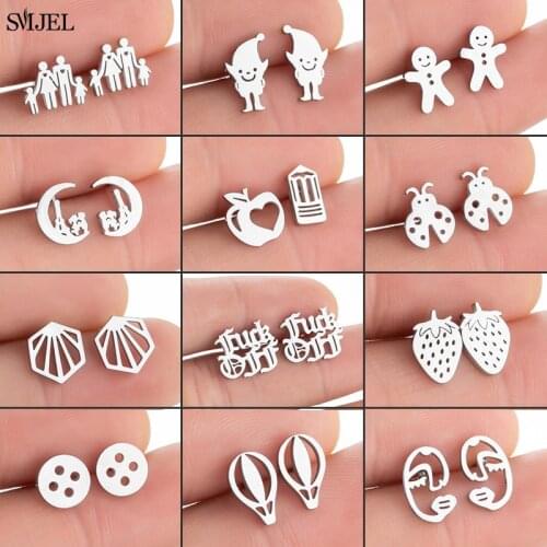 New Arrival Multiple Minimalist Stud Earrings Women Stainless Steel Button Human Face Family Figure Earings Jewlery Accessories