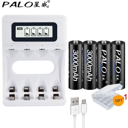 PALO 4pcs aa ni-mh rechargeable battery aa batteria 1.2v 2a rechargeable battery for digital camera with LCD display batterychar