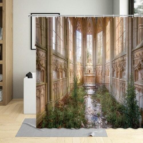 Bandoned Old Building Scenes Shower Curtain Green Plants Rural Railway Bathroom Bathtub Home DecorMachine Washable Fabric
