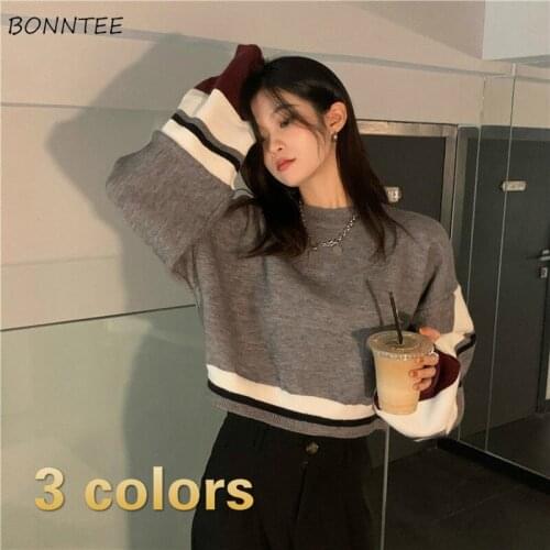 Pullovers Women Daily Cropped Vintage Knitted Chic Thicker All-match Patchwork Long Sleeve Design Popular Kawaii Sweaters Loose