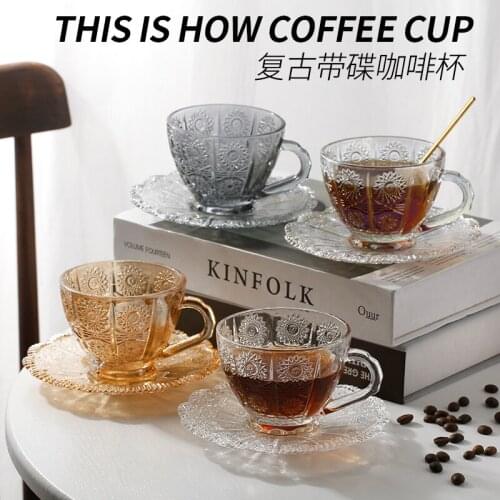 Cafe retro relief coffee cup and dish transparency latte cup glass tea cup set