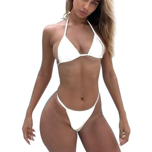 Sexy Bikini 2 Pieces Bandage Microkini Swimsuit Back-Neck Brazilian Strappy Wrap Padded Lace Low Waist Halter Neck Beachwear