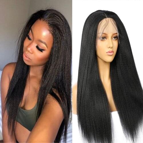 Yaki Synthetic Lace front Wig for Black Women Kinky Straight Lace Wigs Heat Resistant Fiber Hair