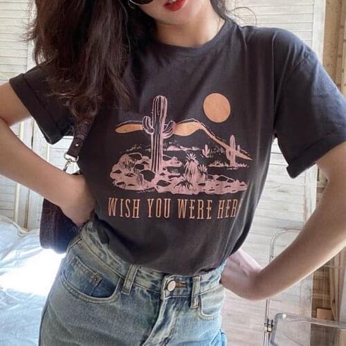 2021 Summer Short Sleeve Desert Cactus Printed Female Western Tee Vintage 80s Black Cotton Graphic tShirt Ins Fashion Streetwear