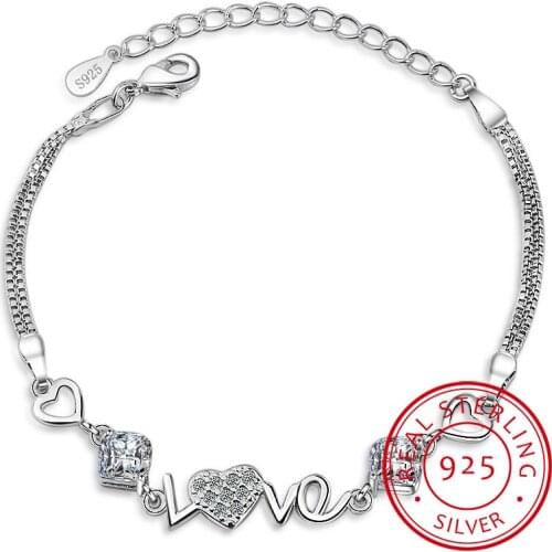 925 Sterling Silver Crystal Heart Charm Bracelet For Women Bracelets & Bangles For Female Girls Gift Pulseira Feminina