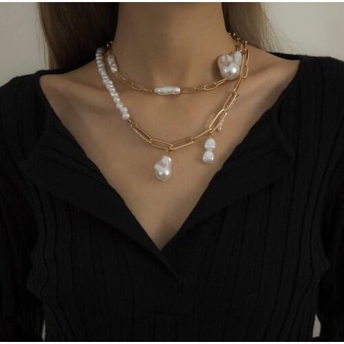 2021 Baroque Irregular Pearl Paper Clip Button Pendant Necklace Necklace Retro Punk Tassel Necklace Jewelry Gift Party