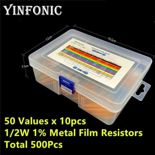 50 Values 1/2W 1% metal film resistors 5-Band-Code 1.2R-1M each 10 pieces Total 500 pieces Resistor Kit With Box