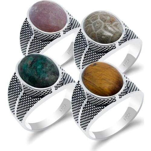 925 Sterling Silver Men Ring with Natural Coral/India Agate/Tiger Eye Stone Punk Thai Silver Ring for Male Turkish Fine Jewelry