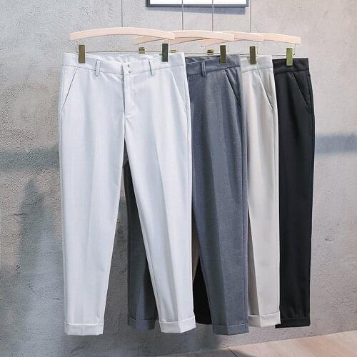 British Style Men Thin Casual Pant Summer Plaid Business Dress Solid Color Slim Office Social Streetwear Trousers Pantalon Homme