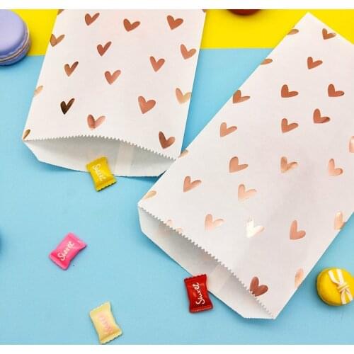 50pcs Foil Rose Gold Heart Paper Bag Candy Sweet Packaging Bags Lovely Heart Design for Wedding Bridal Shower Baby Shower Decor