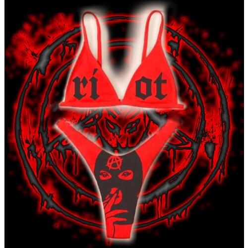 Red Blood LettterPrinting Dark Metal Sweet Black Gothic Hologram Bikini Set Cosplay Motobike Race Show Costumes DJ Private Party