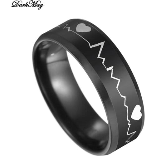 DarkMag Stainless Steel 8 mm Black Electrocardiogram Heartbeat Rings For Men Punk Jewelry Ring Party Gift