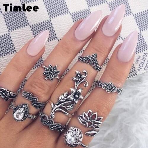 Timlee R010 New Fashion Retro Hollow Lotus Flower Rose Rhinestone Finger Rings Set ,10pcs/set Popular Jewelry Wholesale