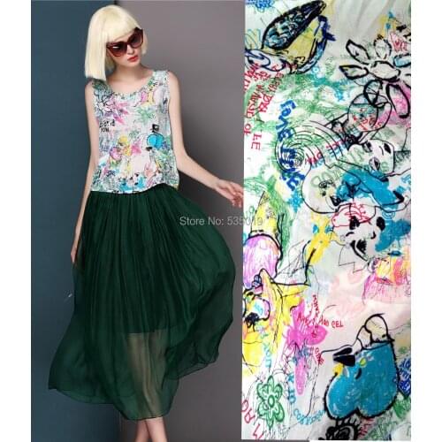 New 2018 Green Graffiti DIY Digital Painting Brand Crepe Silk Fabric african cloth Dress Mulberry Silk Clearance Sale Wholesale