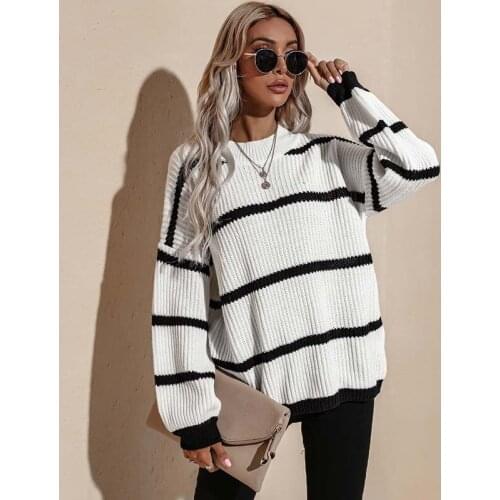 2021 Autumn Winter Striped Sweater Women Loose Knitted Sweater Pullover Women Jumper Ladies Vintage Sweater Knitwear