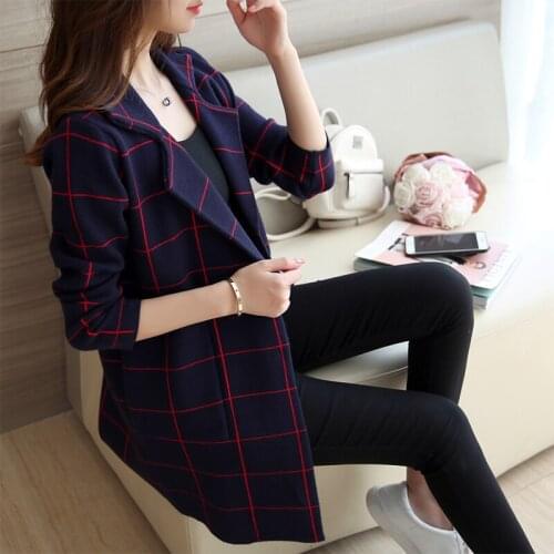 Autumn winter women plaid knitted long cardigan casual trench coat womens knitwear korean fashion sweaters jersey mujer