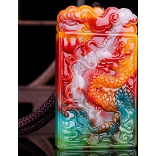 Chinese Colorful Jade Dragon Pendant Necklace Jewellery Fashion Hand-Carved Relax Healing Man Women Luck Gifts Amulet Free Rope
