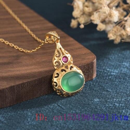 Green Jade Gourd Pendant Fashion Zircon Natural Necklace Charm Gifts Chalcedony 925 Silver Chinese Amulet Women Jewelry