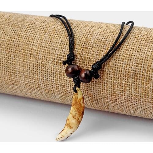 Wholesales 6pcs Real Wolf Tooth Teeth Pendant Necklace Black Wax Cotton Cord Adjustable Jewellery