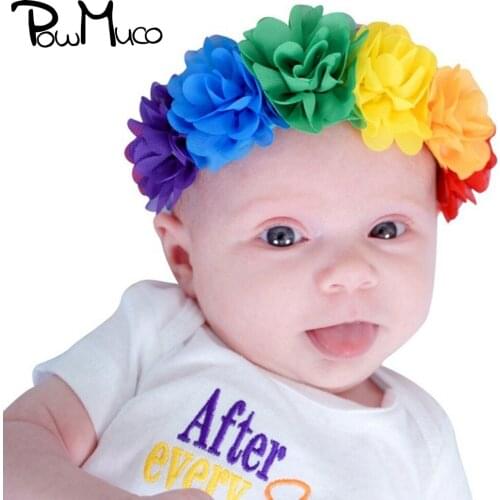 Powmuco Baby Girls Fashion Rainbow Chiffon Flowers Elastic Headband Princess Hairband DIY Party Decoration Infant Accessories