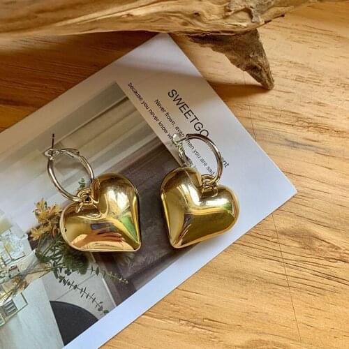 Gold Color Heart 3D Pattern Dangle Vintage Geometric Statement Hoops Earings Stereoscopic Love Round Circle Earings Women Party