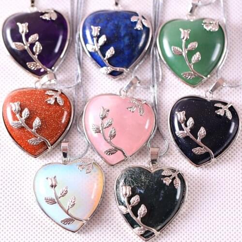 33X33X9MM Heart Natural Purple Crystal Opal Sandstone Lapis Green Aventurine Sandstone Pendant 1Pcs K302-309