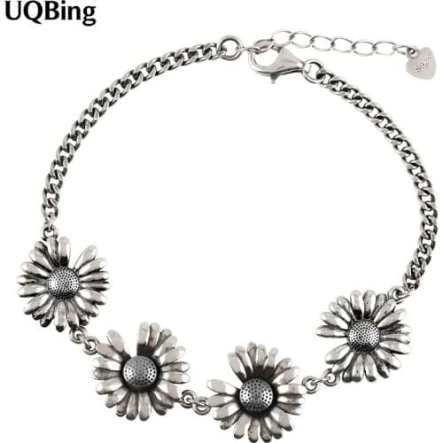 Vintage Thai Silver Sunflower Charm Braelets For Women 925 Sterling Silver Jewelry