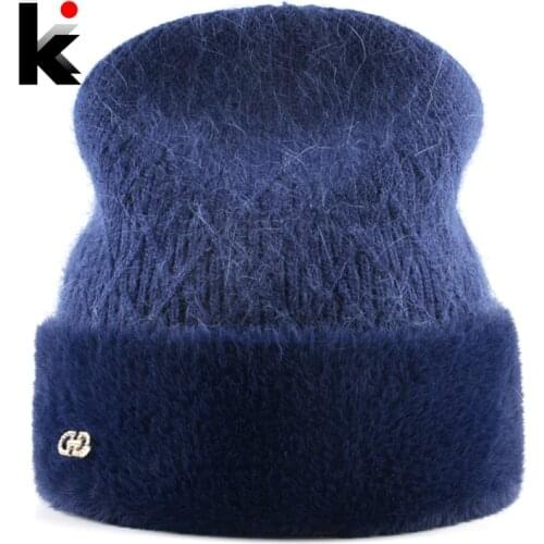 Knitted Wool Hat For Women Winter Warm Rabbit Fur Beanie Ladies Elegant Skullies Cap With Rhinestones High Quality Female Bonnet