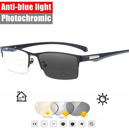 High Quality Progressive Multifocal Reading Glasses Men Anti Blue Black Half Frame TR90 Photochromic Presbyopic Glasses Case 1.5
