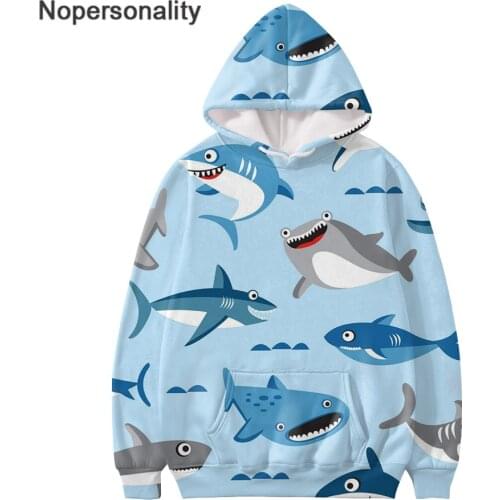 Nopersonality Autumn /Winter Hoodie Women Bule Shark Print Sweatshirt Hoodies Pullovers Long Sleeved Clothing with Pocket