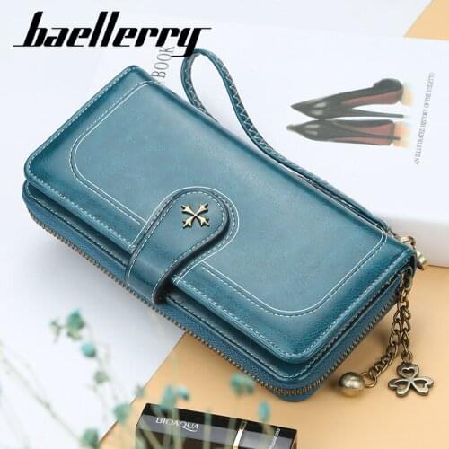 Baellerry Women Long Purse Wax Leather Female Clutches Money Wallets Handbag Handy Passport Walet for Cell Phone Card Holders