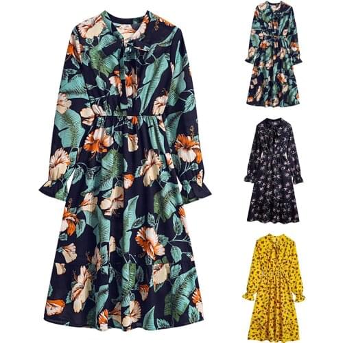 Women Bowknot Nack Bottoming Dress Slim Long-sleeved Elastic Waist Mid-length Floral Dress Spring Autumn Elegant Ladies Dresses