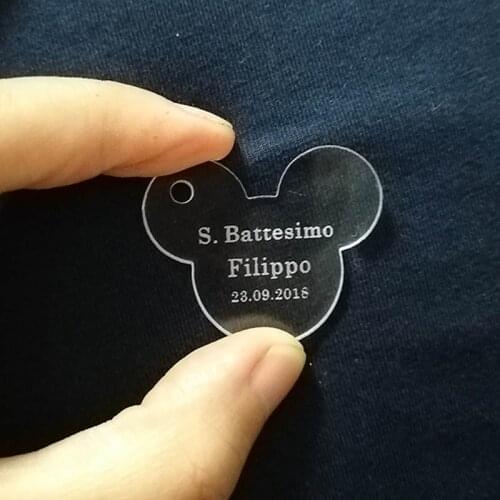 50pcs Personalized Engraved Baby Baptism Hangs Cartoon Mouse Head Wedding Table Decoration Favors Customized Tags