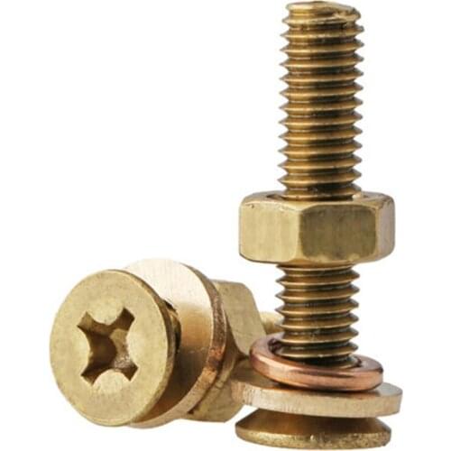 Brass cross countersunk head screw nut set with elastic washer 4-in-1 Set Philip flat copper bolt nut washer set M3M4M5M6 5PCS