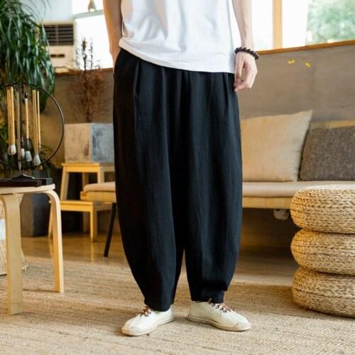 Prowow 2021 Summer Korean Flax Casual Pant Men Elastic Waist Full-length Harem Pant Men Sweatpants Male Bloomers Streetwear