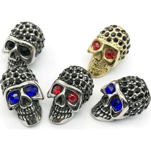 6mm 316l Stainless Steel Crystal Skull Head European Big Hole Charms Beads Skeleton Beads for Men Bracelet DIY Jewelry Making