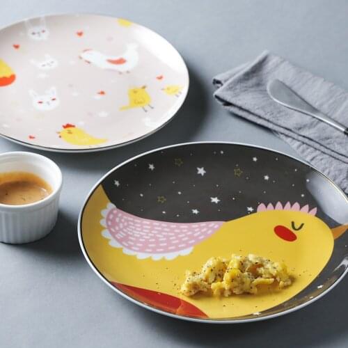 2pcs Ceramic Dinner Plate Cartoon Chicken Dinner Dishes Pasta Steak Dessert Plates Fine Bone China Kitchenware (21.6/18.2cm)