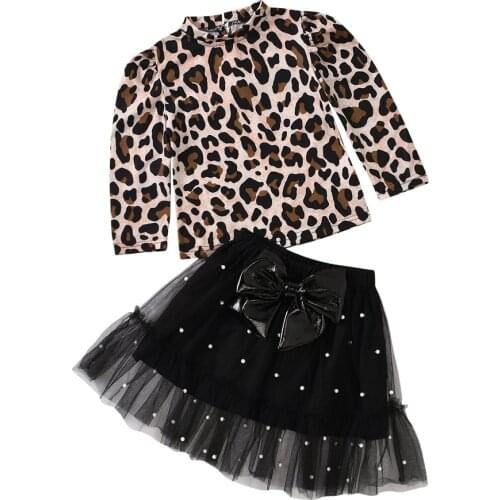 Ircomll 2-6Y 2pcs kids Girl Clothes Set Leopard Print Long Sleeves Top + Bow Yarn Skirt Top and Skirt Set Girls Clothing