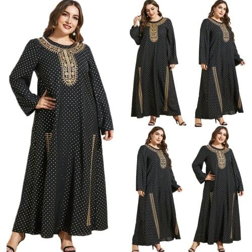 Fashion Polka Dot Embroidery Long Dress Muslim Women Arabic Abaya Ramadan Islamic Maxi Robe Gown Middle East Dubai O-neck Dress