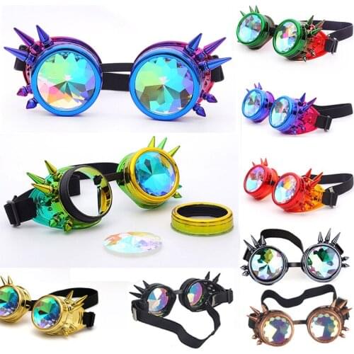 Men Women Rivet Steampunk Goggles Kaleidoscope Rainbow Crystal Lenses Cosplay Vintage Glasses Welding Gothic Cool Eyewear