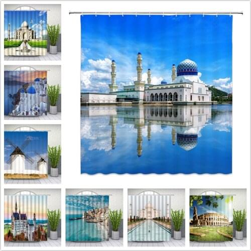 Landscape Shower Curtains Europe Building Castle Green plants Seawater Bathroom Decor Waterproof Polyester Cloth Hanging Curtain
