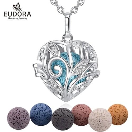 EUDORA NEW 18mm Aromatherapy Perfume Essential Oils Diffuser Necklace Clear Heart Locket Cage Pendant with Fun Lava Stone K122